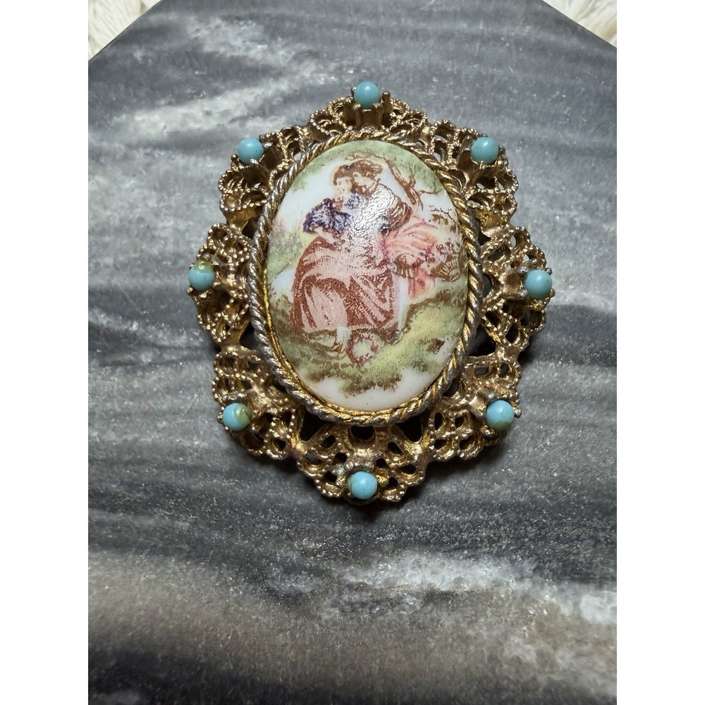 Vintage FLORENZA‎ Couple Porcelain & Turquoise Bead Brooch Pin